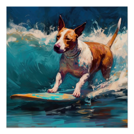 Bull Terrier Strand Surfen Schilderij Perfect Poster (Voorkant)