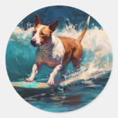Bull Terrier Strand Surfen Schilderij Ronde Sticker (Voorkant)