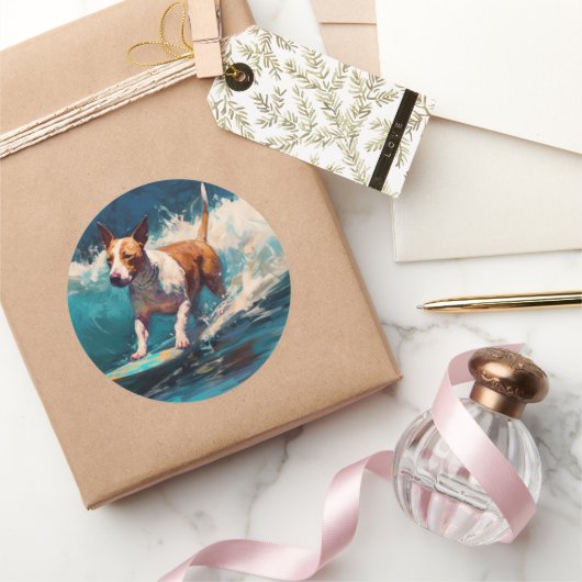 Bull Terrier Strand Surfen Schilderij Ronde Sticker (Geschenken)