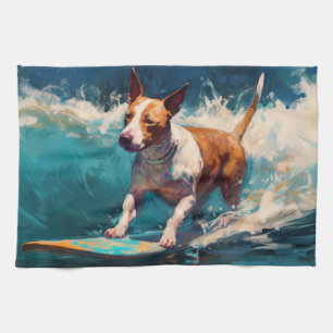 Bull Terrier Strand Surfen Schilderij Theedoek