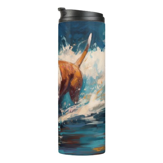 Bull Terrier Strand Surfen Schilderij Thermosbeker (Geroteerd rechts)