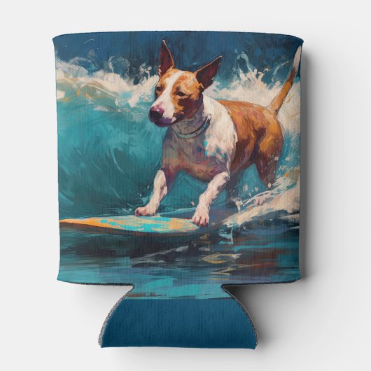 Bull Terrier Strand Surfing Schilderij Blikjeskoeler (Achterkant)