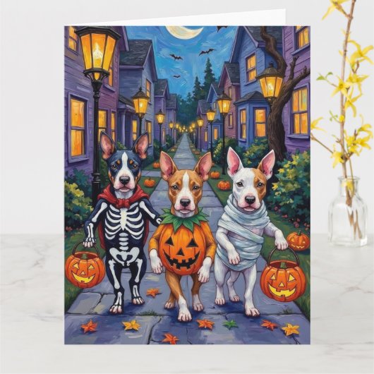 Bull Terrier Trick-or-Treating Halloween kostuums Kaart (Gele Bloem)