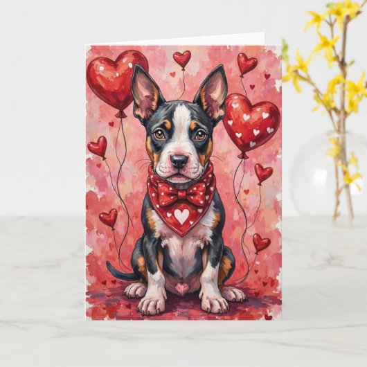 Bull Terrier Valentine’s Day Dog with Hearts Red Kaart (Gele Bloem)