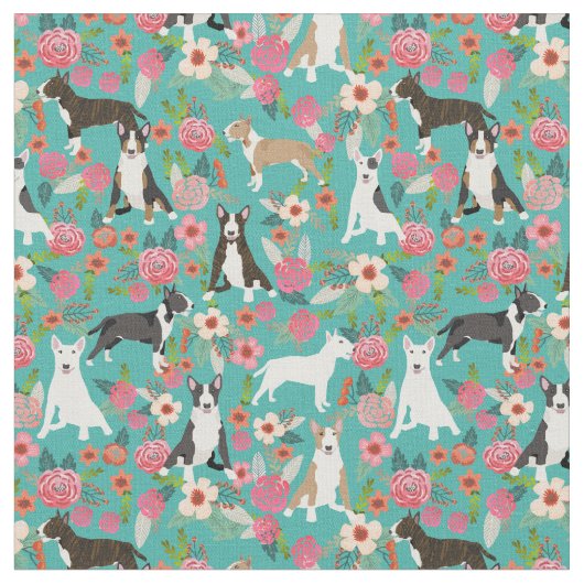 Bull Terrier vintage florals turquoise Stof (Close Up)