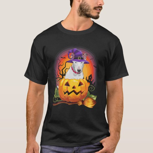 Bull Terrier Witch Pumpkin Halloween Hondenliefheb T-shirt (Voorkant)