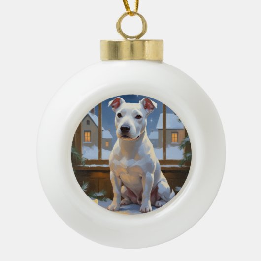 Bull Terrier with Christmas Lights Holiday Keramische Bal Ornament (Voorkant)