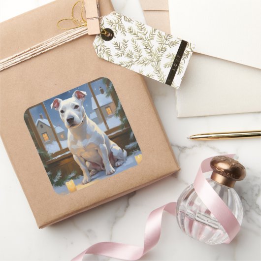 Bull Terrier with Christmas Lights Holiday Vierkante Sticker (Geschenken)