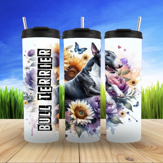 Bull Terrier's Butterfly Floral Embrace Thermosbeker