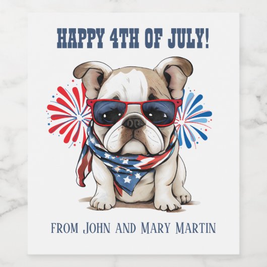 Bulldog 4 juli Onafhankelijkheidsdag Rood Blauw Wijn Etiket (Enkel label)