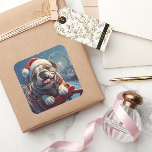 Bulldog Achterbaan Kerstmis Vierkante Sticker (Geschenken)