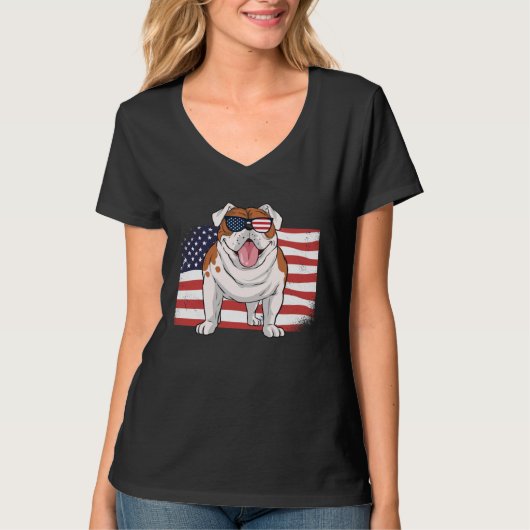 Bulldog American Flag 4th of July USA Independence T-shirt (Voorkant)