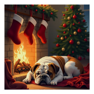 Bulldog bij de Haard Kerstschilderij Perfect Poster