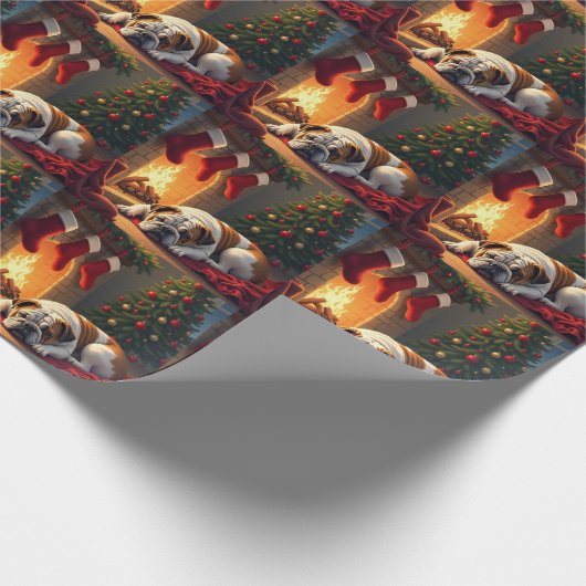 Bulldog by the Fireplace Christmas Painting Cadeaupapier (Hoek)