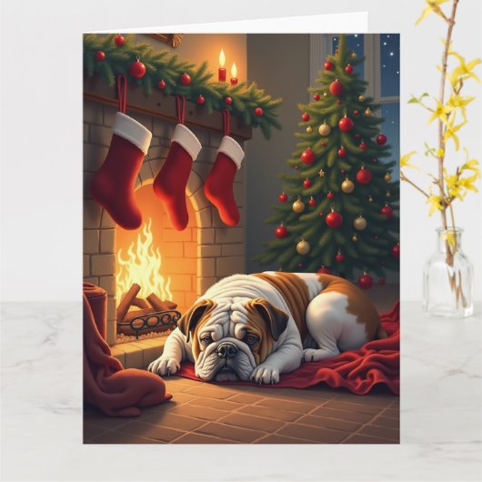 Bulldog by the Fireplace Christmas Painting Kaart (Gele Bloem)