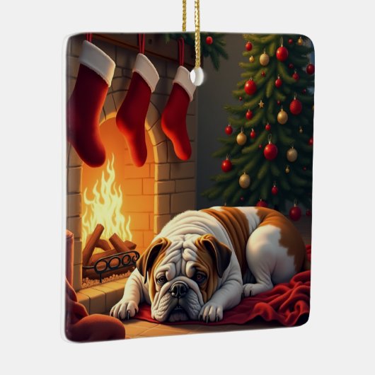 Bulldog by the Fireplace Christmas Painting Keramisch Ornament (Rechts)