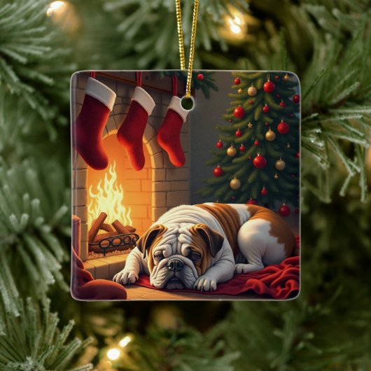 Bulldog by the Fireplace Christmas Painting Keramisch Ornament (Boom)