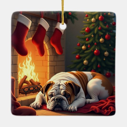 Bulldog by the Fireplace Christmas Painting Keramisch Ornament (Achterkant)