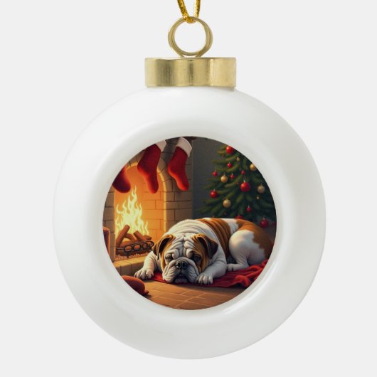 Bulldog by the Fireplace Christmas Painting Keramische Bal Ornament (Voorkant)