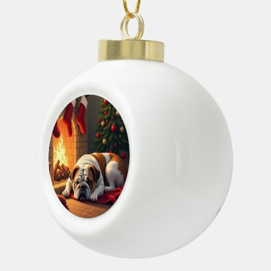 Bulldog by the Fireplace Christmas Painting Keramische Bal Ornament (Rechts)