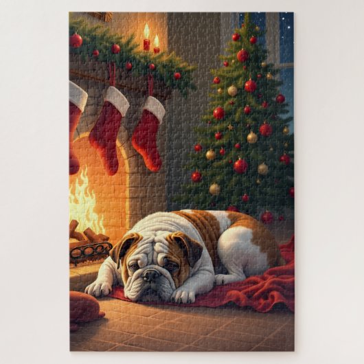 Bulldog by the Fireplace Christmas Painting Legpuzzel (Verticaal)