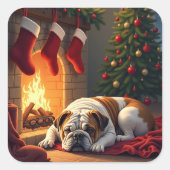 Bulldog by the Fireplace Christmas Painting Vierkante Sticker (Voorkant)