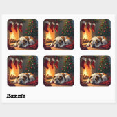 Bulldog by the Fireplace Christmas Painting Vierkante Sticker (Vel)