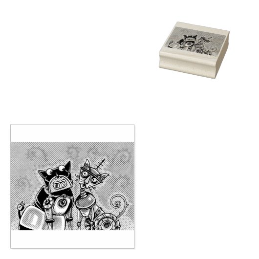 BULLDOG & CAT ROBOTS SCI FI RUBBER STEMPEL (Gestempeld)