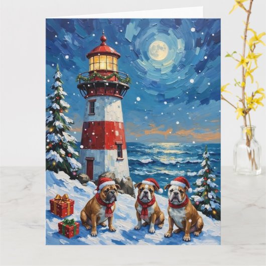 Bulldog Christmas Lighthouse Holiday Kaart (Gele Bloem)