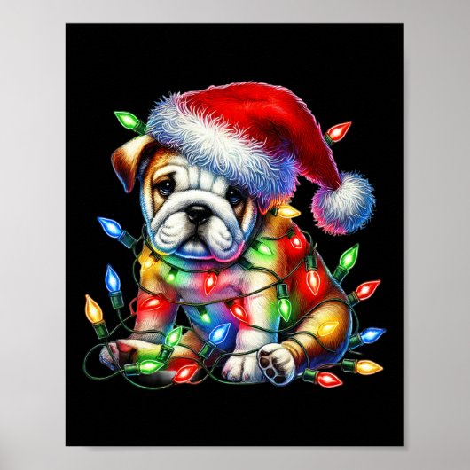 Bulldog Christmas Lights Santa Hat Hondenliefhebbe Poster (Voorkant)