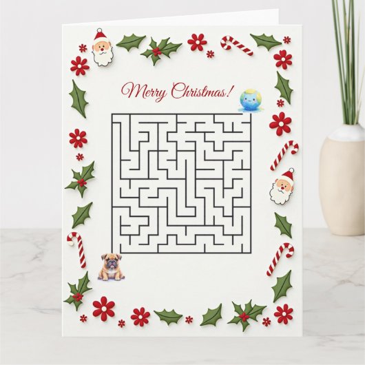 Bulldog Christmas Maze Puzzle Holiday Kaart (Voorkant)