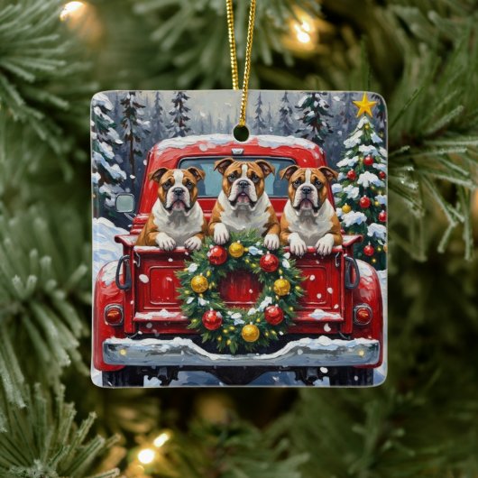 Bulldog Christmas Red Truck Holiday Keramisch Ornament (Boom)