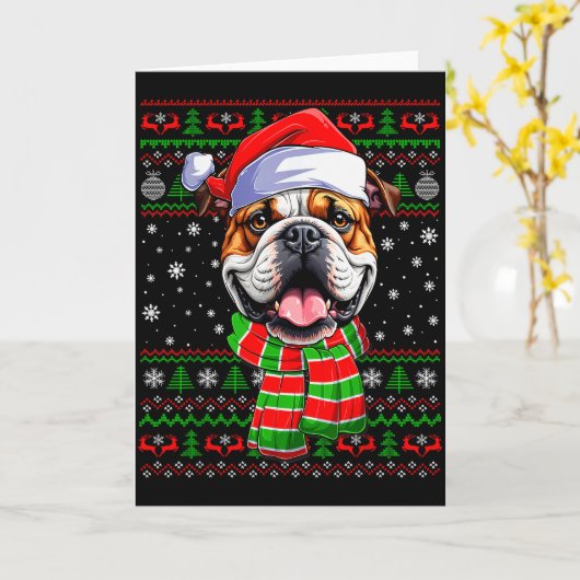 Bulldog Christmas Ugly Sweater Funny Santa Hat Dog Kaart (Gele Bloem)