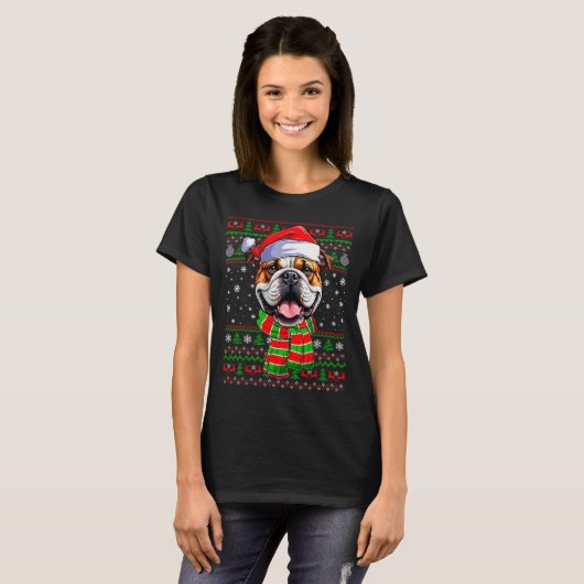 Bulldog Christmas Ugly Sweater Funny Santa Hat Dog T-shirt (Voorkant volledig)