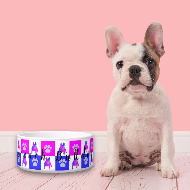 Bulldog Dog & Paw Hot Pink & Blue Pet Bowl Voerbakje (French Bulldog pink and blue dog bowl)