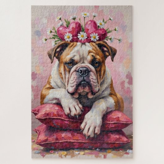 Bulldog Dog Valentine's Day Heart Ribbon Crown Legpuzzel (Verticaal)