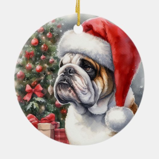 Bulldog Draagt een kerstmuts Keramisch Ornament (Achterkant)