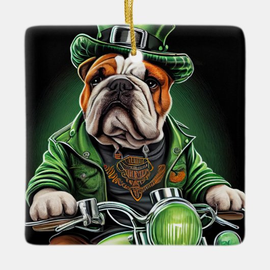 Bulldog Driving Bike St. Patrick's Day Keramisch Ornament (Voorkant)