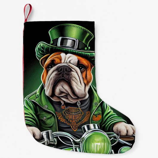 Bulldog Driving Bike St. Patrick's Day Kleine Kerstsok (Voorkant)