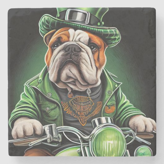 Bulldog Driving Bike St. Patrick's Day Stenen Onderzetter (Voorkant)