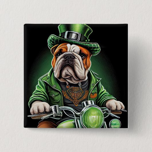 Bulldog Driving Bike St. Patrick's Day Vierkante Button 5,1 Cm (Voorkant)