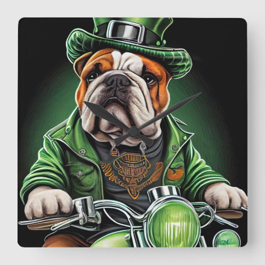 Bulldog Driving Bike St. Patrick's Day Vierkante Klok (Voorkant)