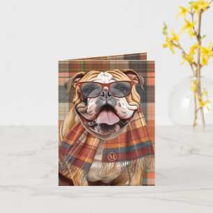 Bulldog en herfst Plaid Monogram Kaart