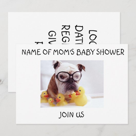 BULLDOG EN RUBBER DUCKIES BABY SHOWER INVITATIE KAART (Voorkant / Achterkant)