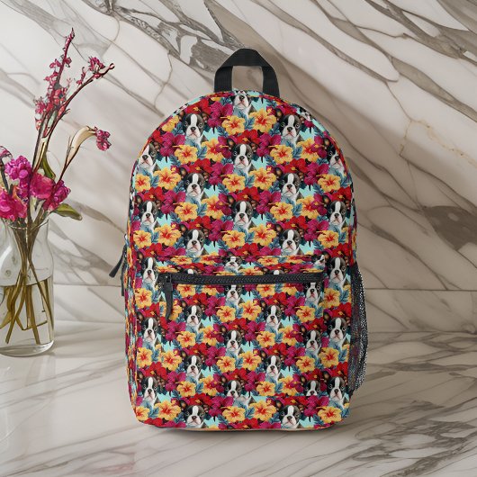 Bulldog en tropisch rood Sinaasappel Hibiscus Patt Bedrukte Rugzak