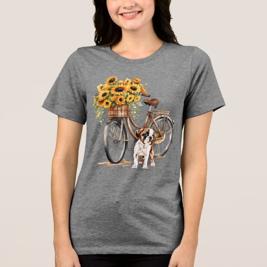 Bulldog en zonnebloem fiets Tri-Blend shirt (Voorkant)