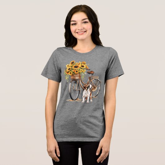Bulldog en zonnebloem fiets Tri-Blend shirt (Voorkant volledig)