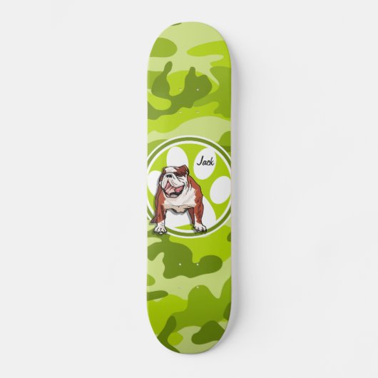 Bulldog; felgroene camo, camouflage persoonlijk skateboard (Voorkant)