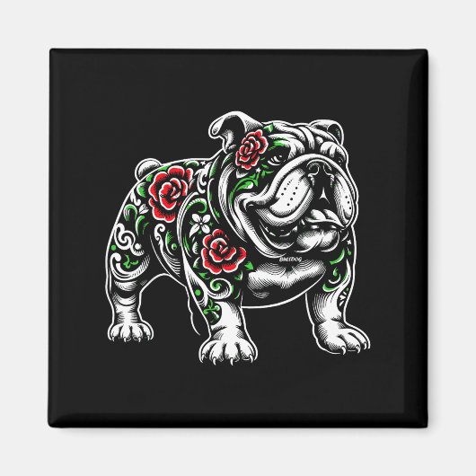 Bulldog Floral Red Rose Mens Womens  Magneet (Voorkant)