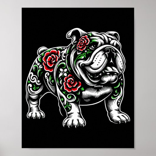 Bulldog Floral Red Rose Mens Womens  Poster (Voorkant)